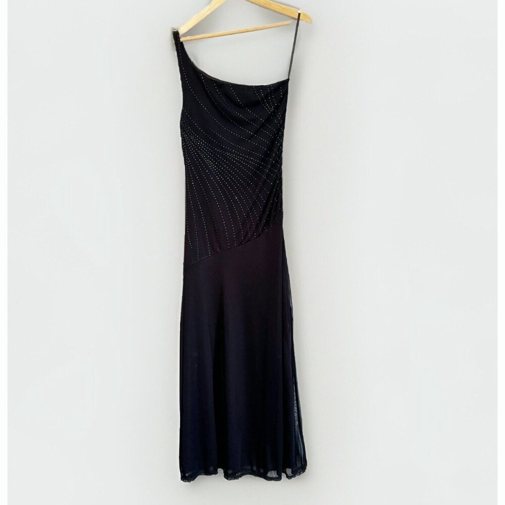 VTG Byer Too Black Y2K One Shoulder Whimsigoth Midi Dress Sz (L) XS Shimmer